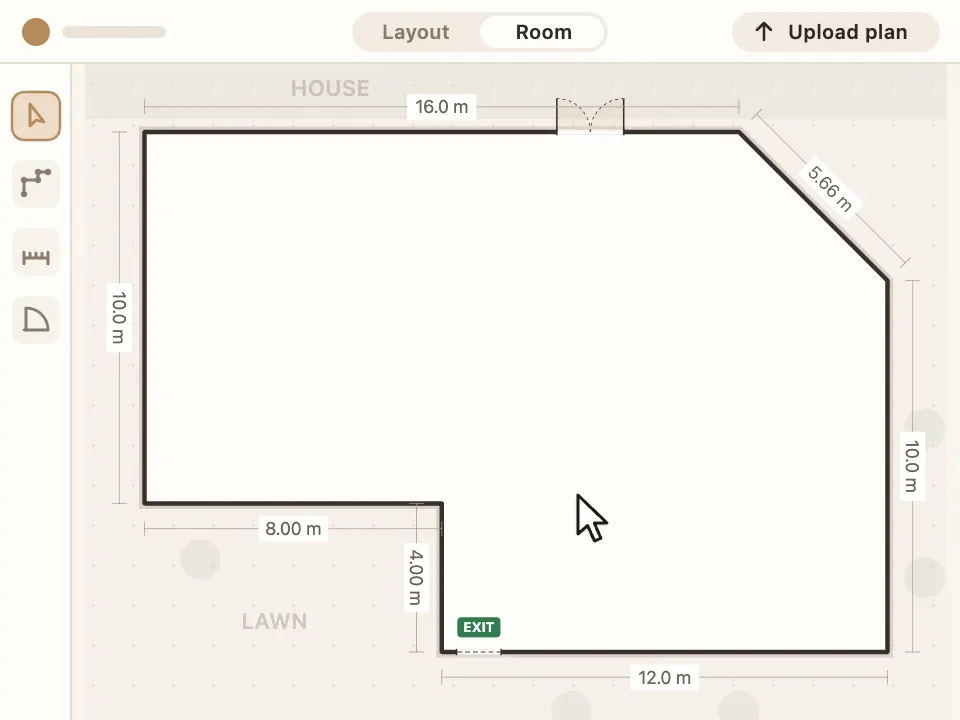 The garden terrace drawn over the floor plan the venue sent, with every wall length marked in metres, the French doors and the garden gate
