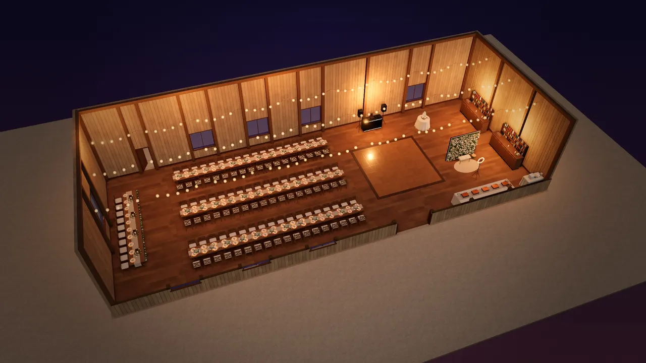 A country barn in 3D by evening under festoon lights: a top table, three long banquet rows, the dance floor, bars and a photo booth, laid out on the floor plan and rising into 3D