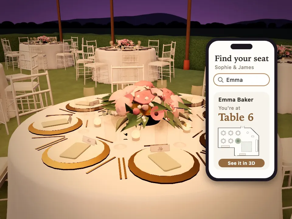A round table laid for dinner in 3D by evening, and a phone showing Find your seat: Emma Baker, you're at Table 6
